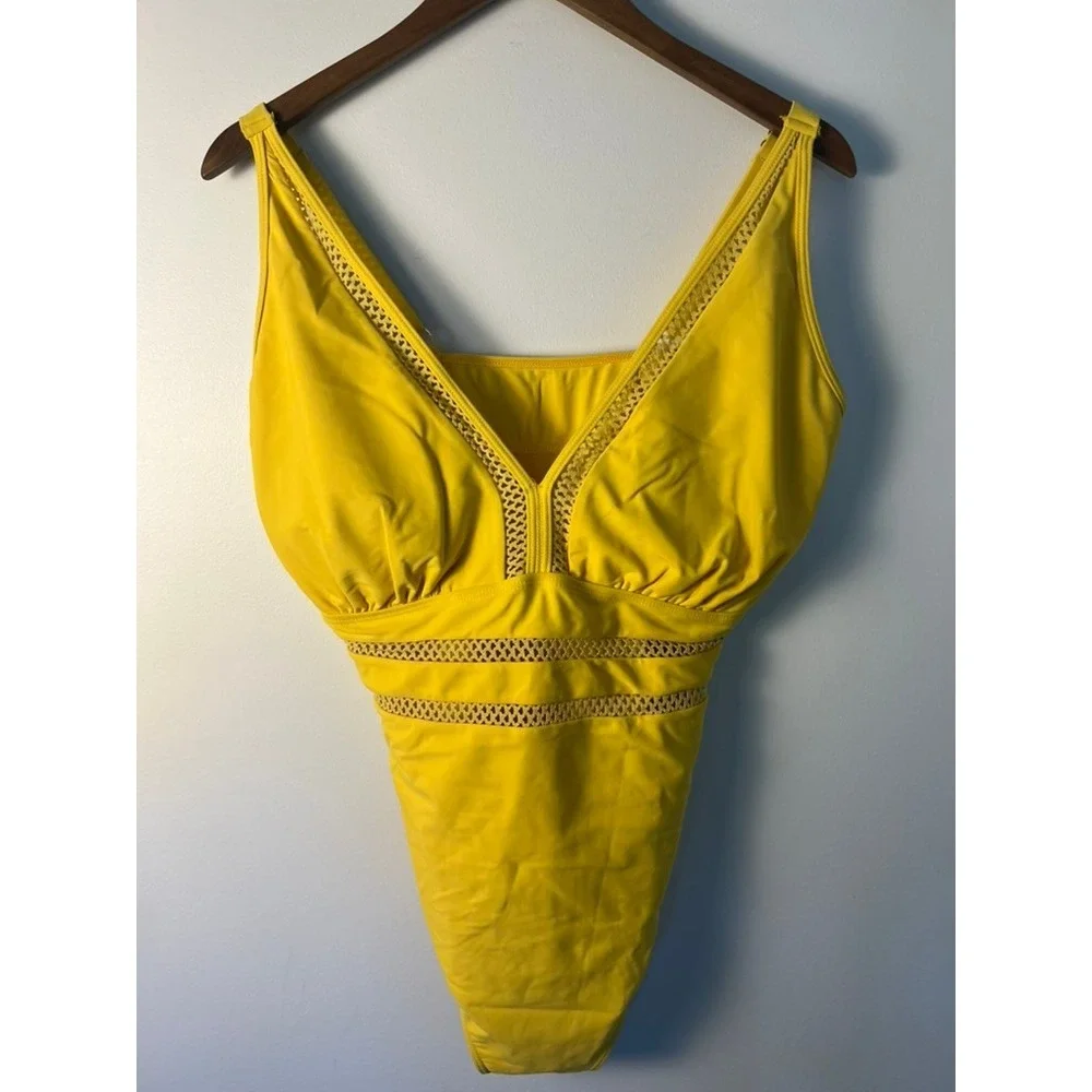 XXL Yellow V-Neck Crochet Mesh Cutout One Piece‎ Swimsuit Beach Vacation Cruise